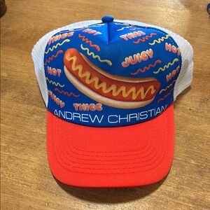 Andrew Christian Blue and Red Trucker Hat with Hot Dog Design